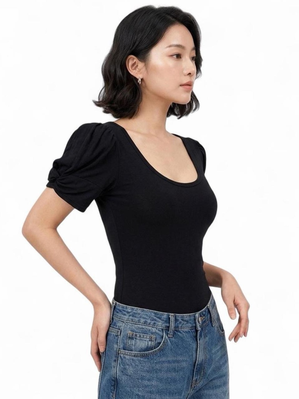 Free People Black Puff Sleeve Bodysuit S Fitted Scoop Neck Basic